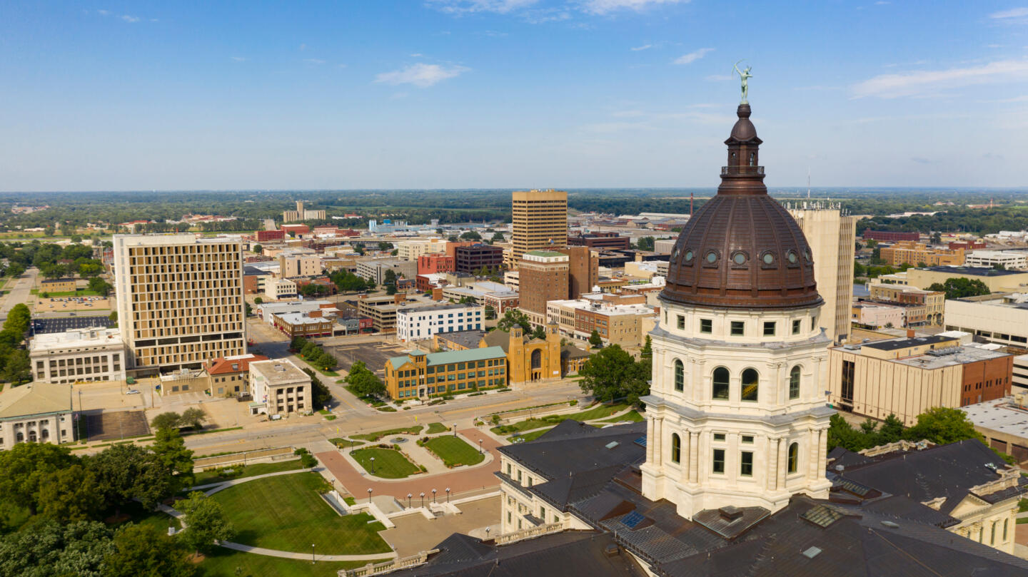 City of Topeka, KS aerial with capital building