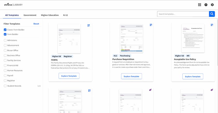 The new Etrieve Library featuring thumbnails of form templates.